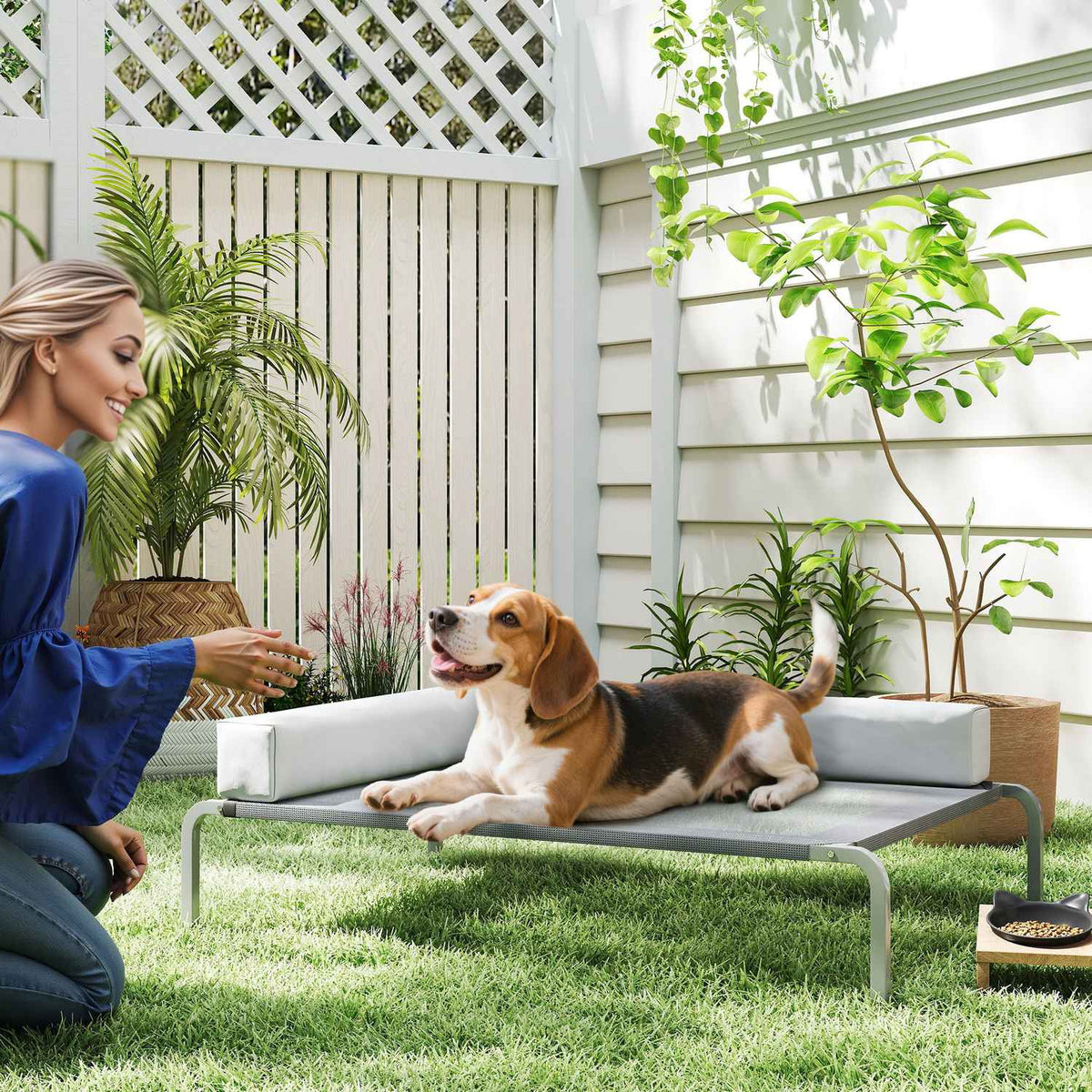 Outdoor Dog Bed, Raised Dog Bed for Medium-Sized Dogs, with L-Shaped Cushion 110x75x30cm, Light Grey