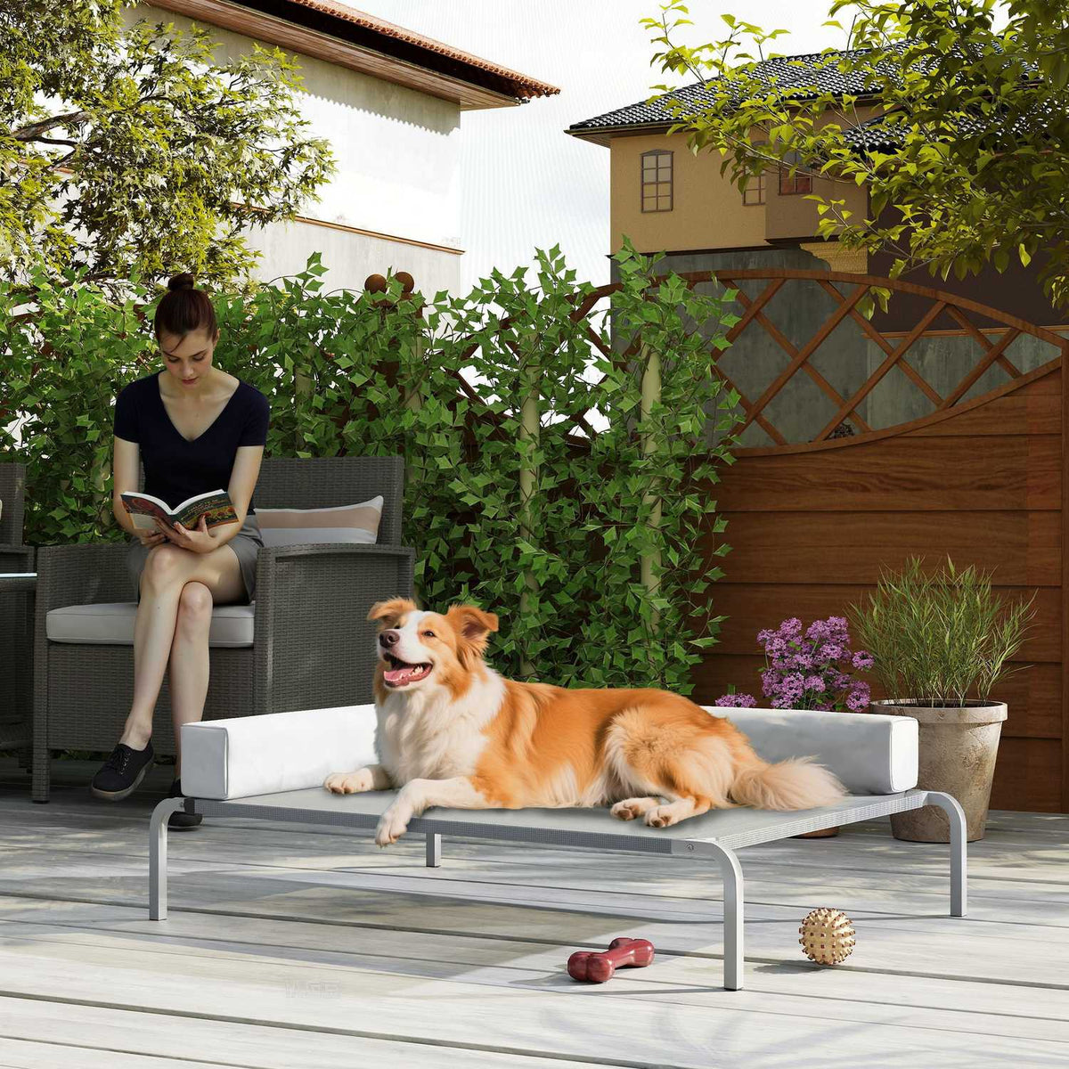 Outdoor Dog Bed, Raised Dog Bed for Medium-Sized Dogs, with L-Shaped Cushion 110x75x30cm, Light Grey