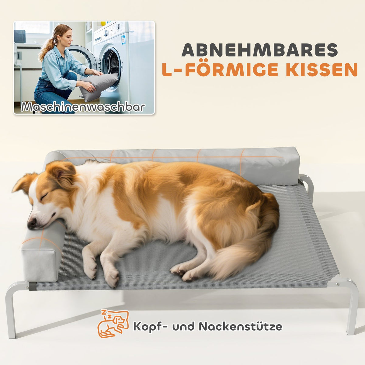 Outdoor Dog Bed, Raised Dog Bed for Medium-Sized Dogs, with L-Shaped Cushion 110x75x30cm, Light Grey