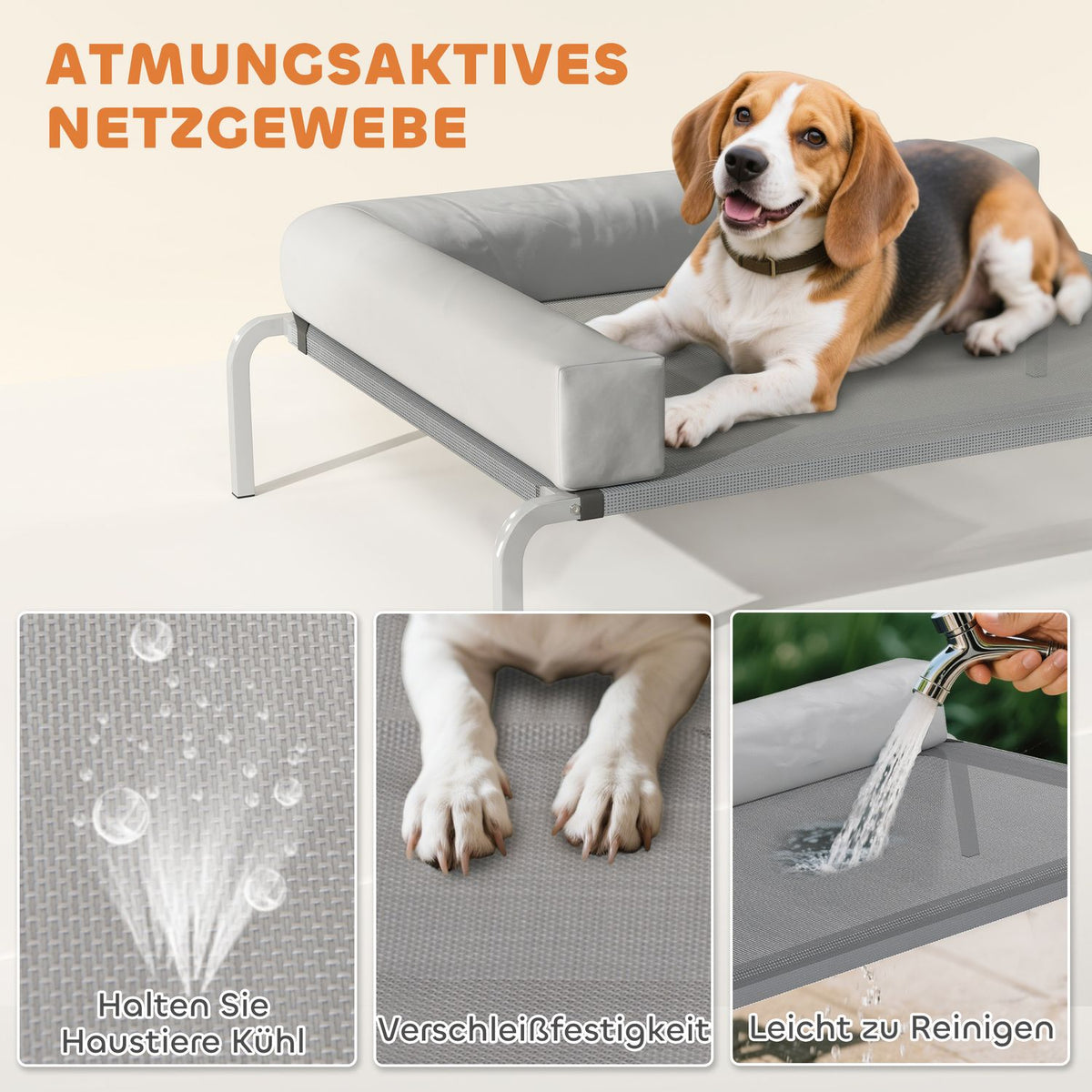 Outdoor Dog Bed, Raised Dog Bed for Medium-Sized Dogs, with L-Shaped Cushion 110x75x30cm, Light Grey