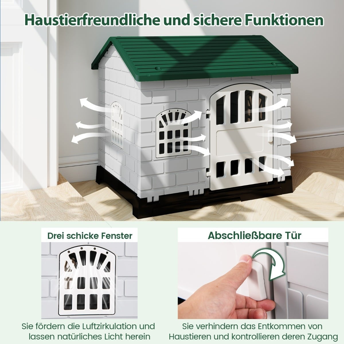 Outdoor Dog House with Door, Windows, Removable Floor
