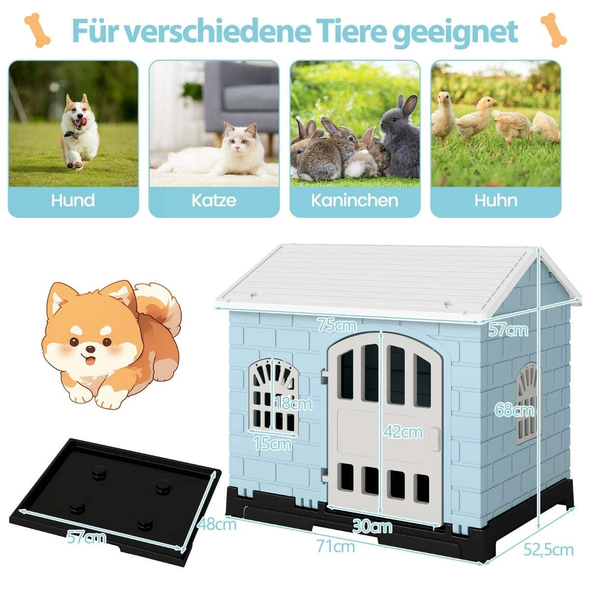 Outdoor Dog House with Door, Windows, Removable Floor