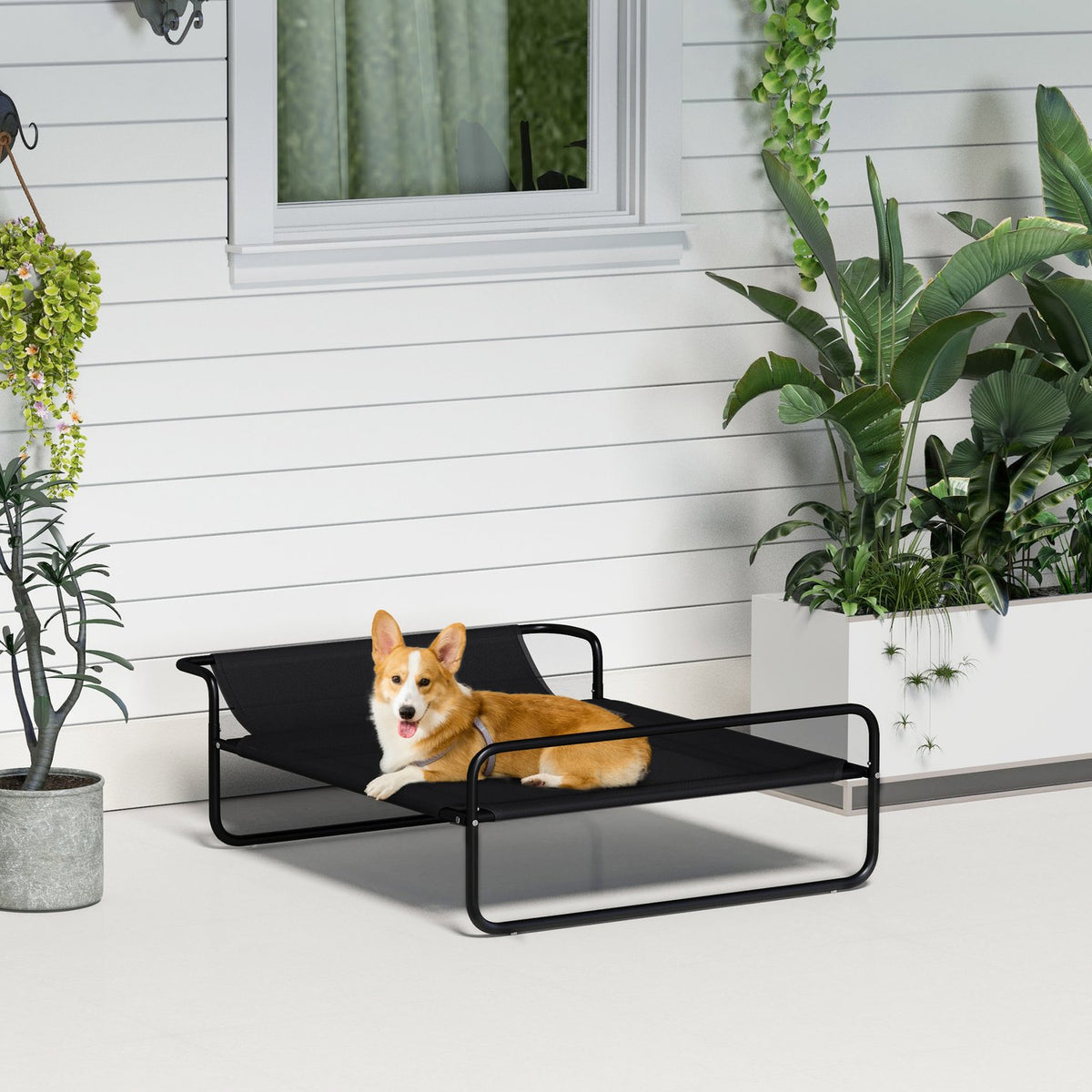 Outdoor Dog Lounger, Elevated Dog Bed with Breathable Mesh Cover, Pet Bed for Small and Medium Dogs Black 91 x 69 x 29 cm