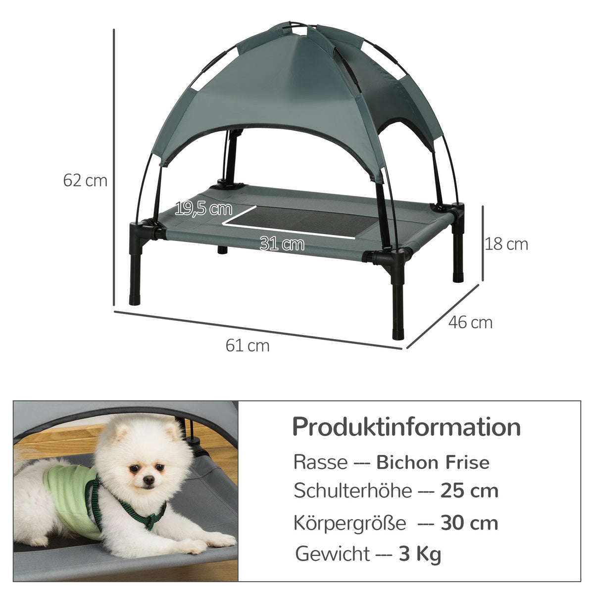Outdoor Dog Lounger With Roof Elevated Pet Bed With Canopy, Breathable Taffeta Fabric, Gray, 61X46X62Cm
