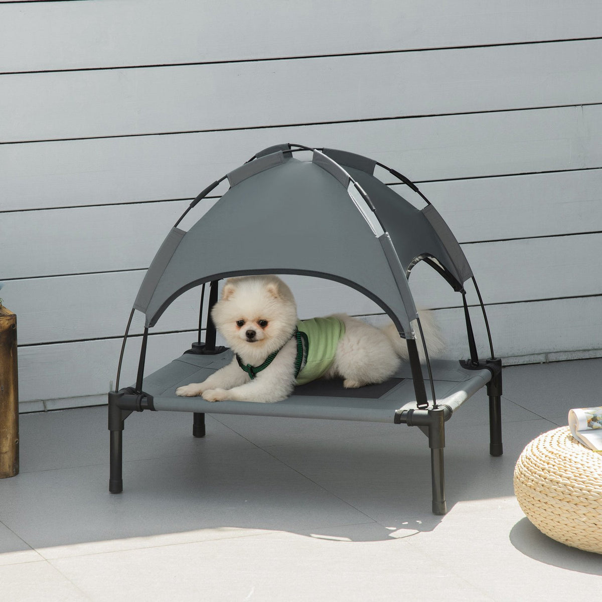 Outdoor Dog Lounger With Roof Elevated Pet Bed With Canopy, Breathable Taffeta Fabric, Gray, 61X46X62Cm