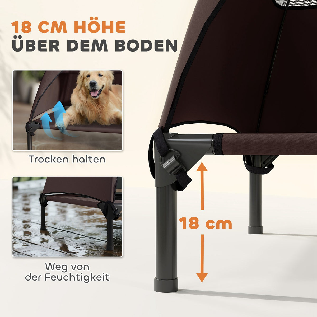 Outdoor Dog Lounger with Roof, Elevated Dog Bed for Large Dogs, Cooling Pet Lounger with Washable Mesh Metal Frame Carrying Bag, Pet Bed for Outdoor Camping 106x76x99cm, Coffee |