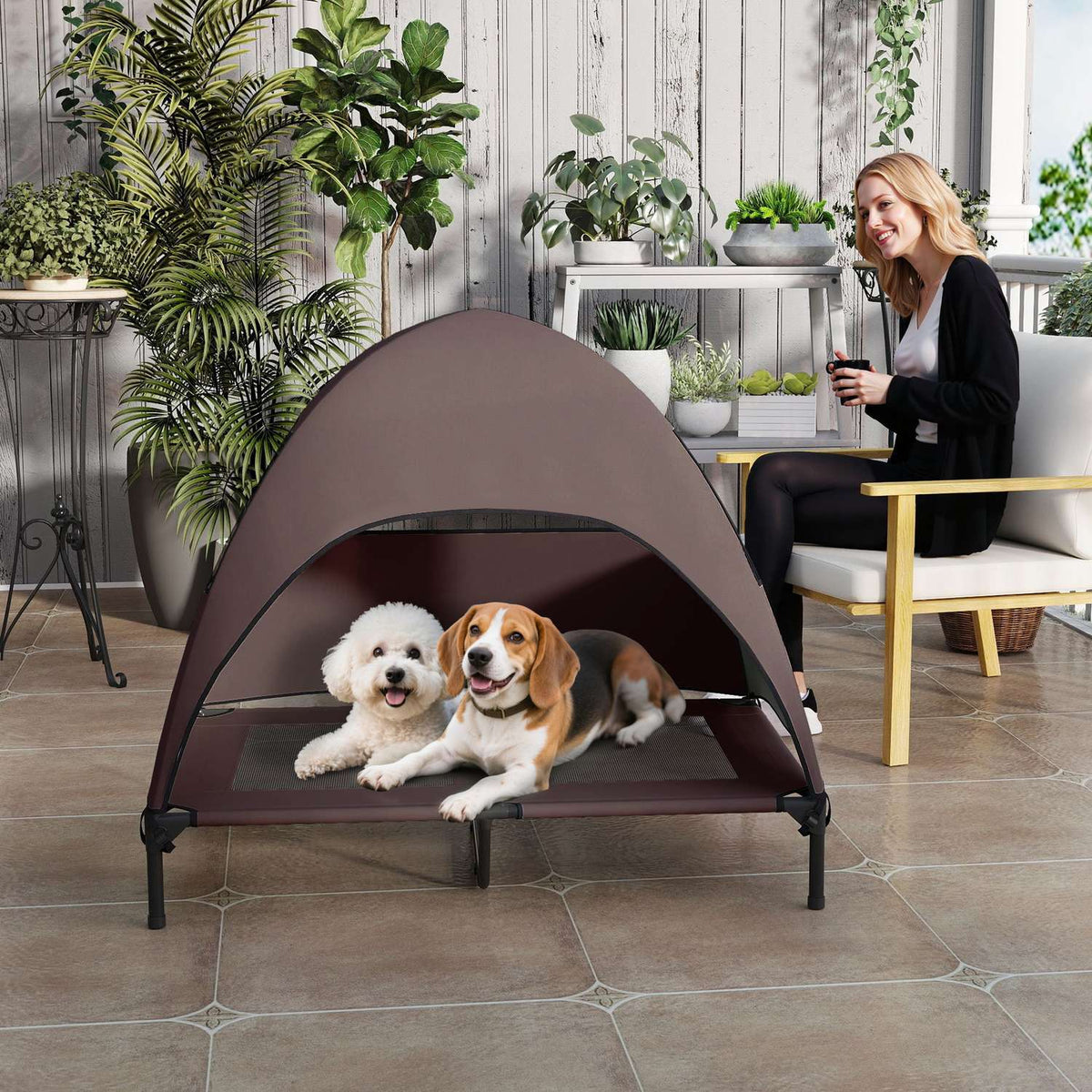 Outdoor Dog Lounger with Roof, Elevated Dog Bed for Large Dogs, Cooling Pet Lounger with Washable Mesh Metal Frame Carrying Bag, Pet Bed for Outdoor Camping 106x76x99cm, Coffee |