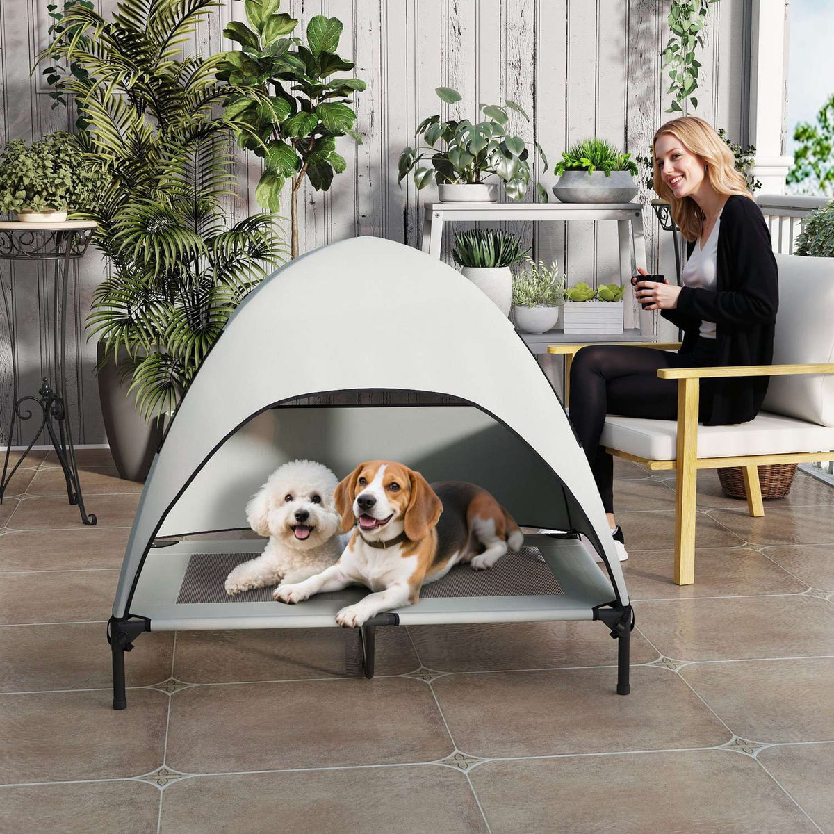 Outdoor Dog Lounger with Roof, Elevated Dog Bed for Large Dogs, Cooling Pet Lounger with Washable Mesh Metal Frame Carrying Bag, Pet Bed for Outdoor Camping 106x76x99cm, Light Gray |