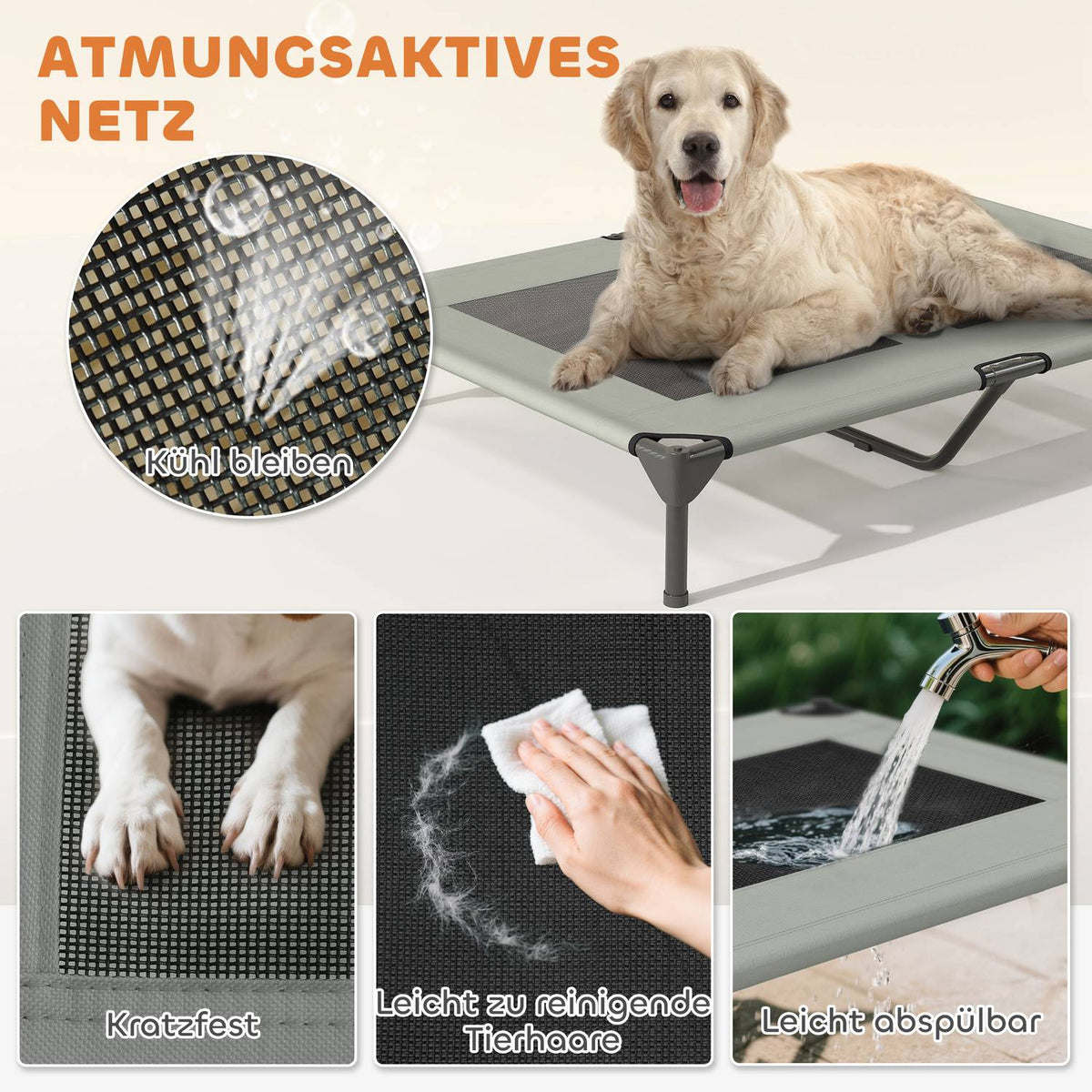 Outdoor Dog Lounger with Roof, Elevated Dog Bed for Large Dogs, Cooling Pet Lounger with Washable Mesh Metal Frame Carrying Bag, Pet Bed for Outdoor Camping 106x76x99cm, Light Gray |