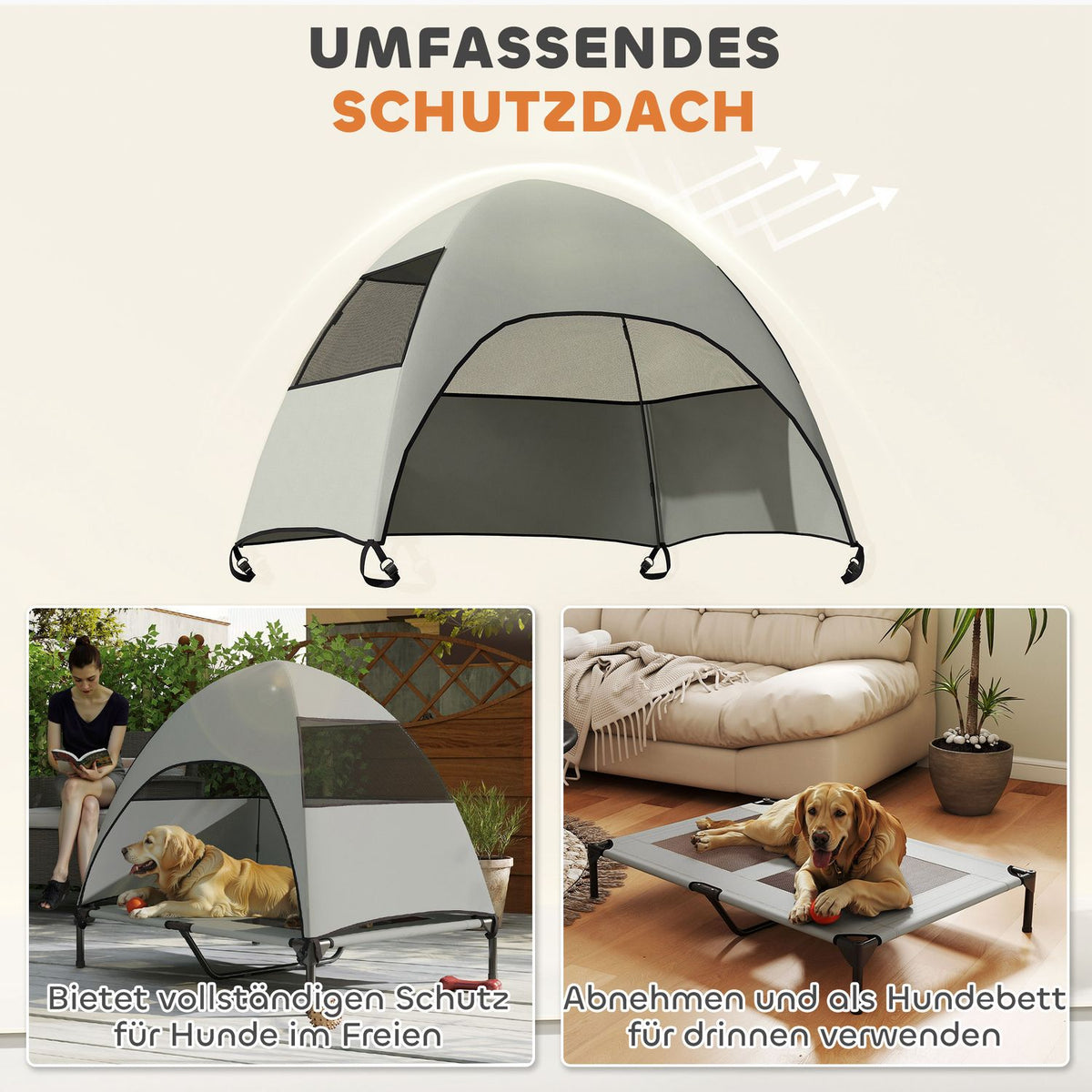 Outdoor Dog Lounger with Roof, Elevated Dog Bed for Large Dogs, Cooling Pet Lounger with Washable Mesh Metal Frame Carrying Bag, Pet Bed for Outdoor Camping 106x76x99cm, Light Gray |
