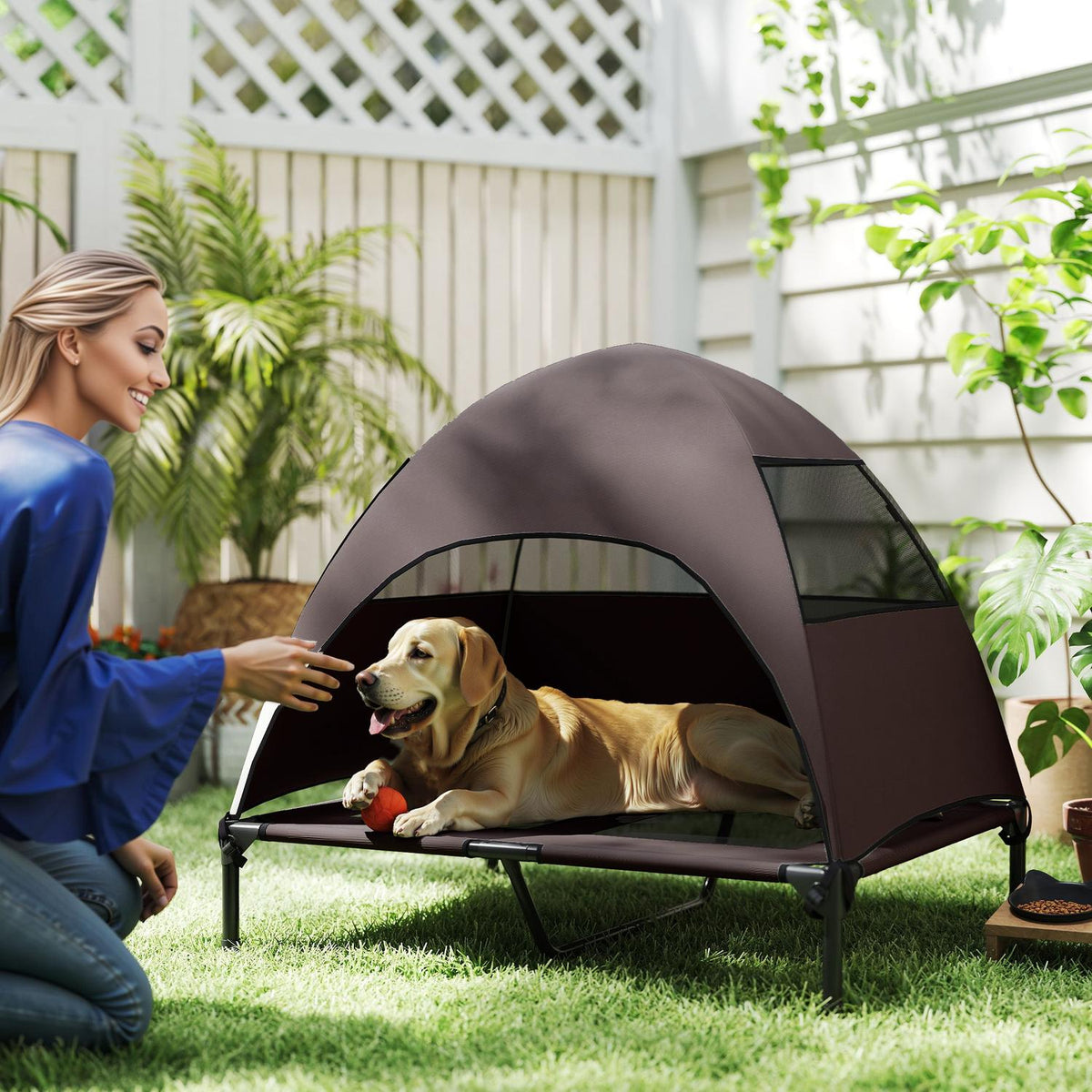Outdoor Dog Lounger with Roof, Elevated Dog Bed for Large Dogs, Cooling Pet Lounger with Washable Mesh Metal Frame Carrying Bag, Pet Bed for Outdoor Camping 91x76x90cm, Coffee |
