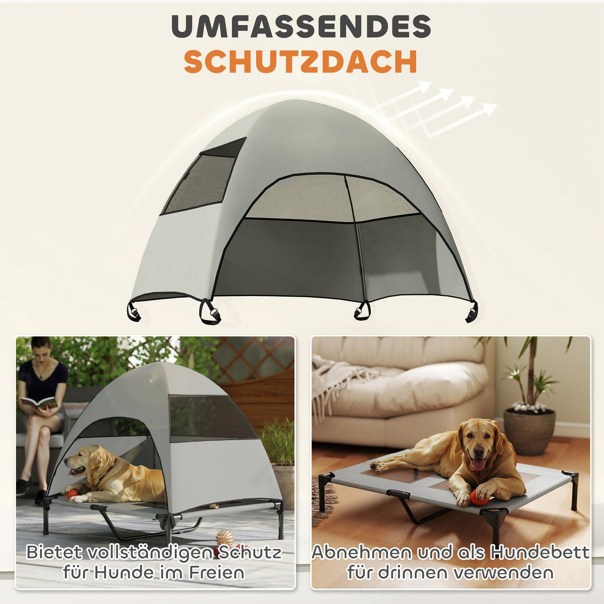 Outdoor Dog Lounger with Roof, Elevated Dog Bed for Large Dogs, Cooling Pet Lounger with Washable Mesh Metal Frame Carrying Bag, Pet Bed for Outdoor Camping 91x76x90cm, Light Gray |