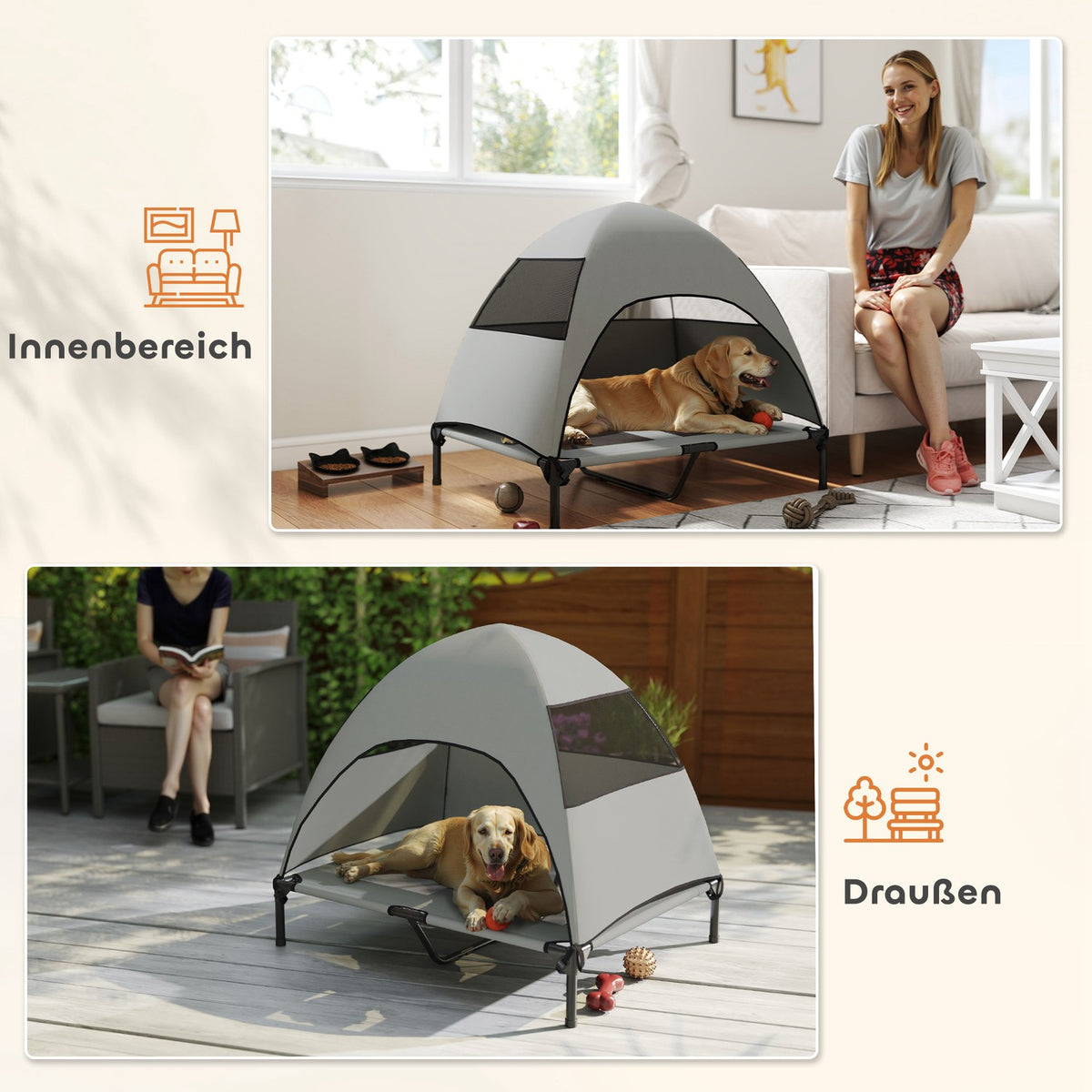Outdoor Dog Lounger with Roof, Elevated Dog Bed for Large Dogs, Cooling Pet Lounger with Washable Mesh Metal Frame Carrying Bag, Pet Bed for Outdoor Camping 91x76x90cm, Light Gray |