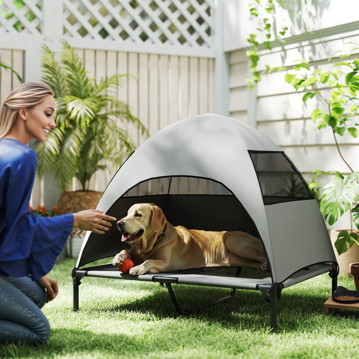 Outdoor Dog Lounger with Roof, Elevated Dog Bed for Large Dogs, Cooling Pet Lounger with Washable Mesh Metal Frame Carrying Bag, Pet Bed for Outdoor Camping 91x76x90cm, Light Gray |