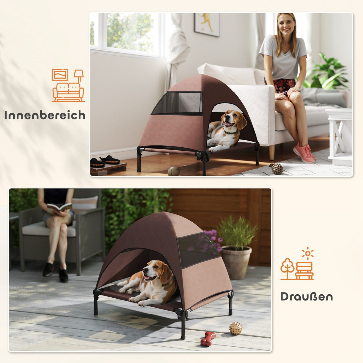 Outdoor Dog Lounger with Roof, Elevated Dog Bed for Medium Dogs, Cooling Pet Lounger with Washable Mesh Metal Frame Carrying Bag, Pet Bed for Outdoor Camping 76x61x71cm, Coffee |