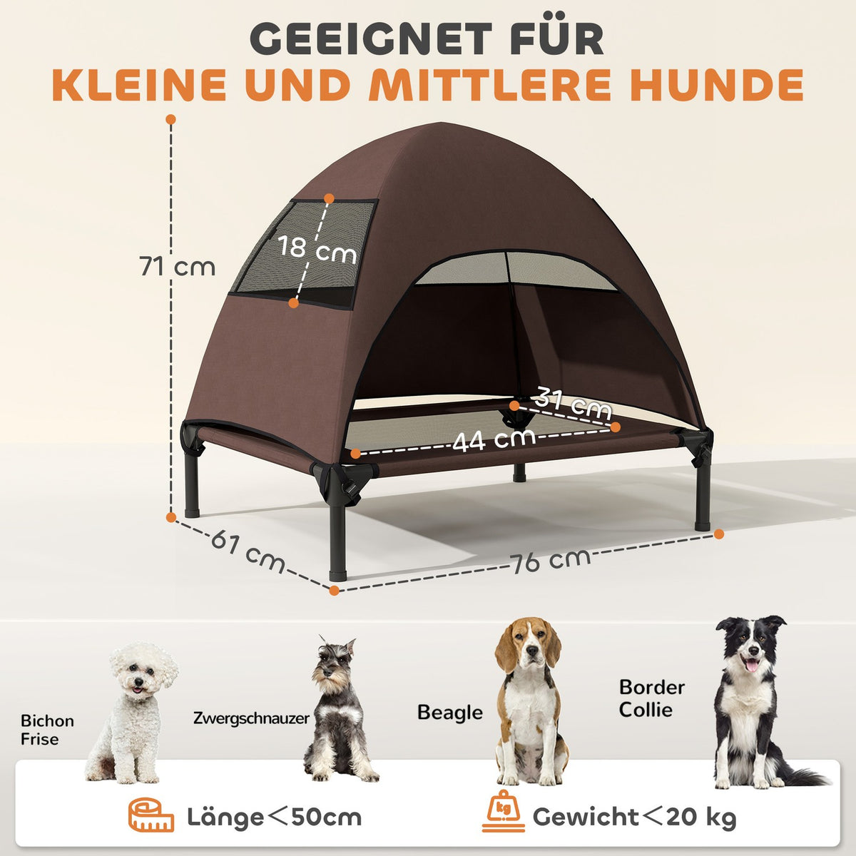 Outdoor Dog Lounger with Roof, Elevated Dog Bed for Medium Dogs, Cooling Pet Lounger with Washable Mesh Metal Frame Carrying Bag, Pet Bed for Outdoor Camping 76x61x71cm, Coffee |