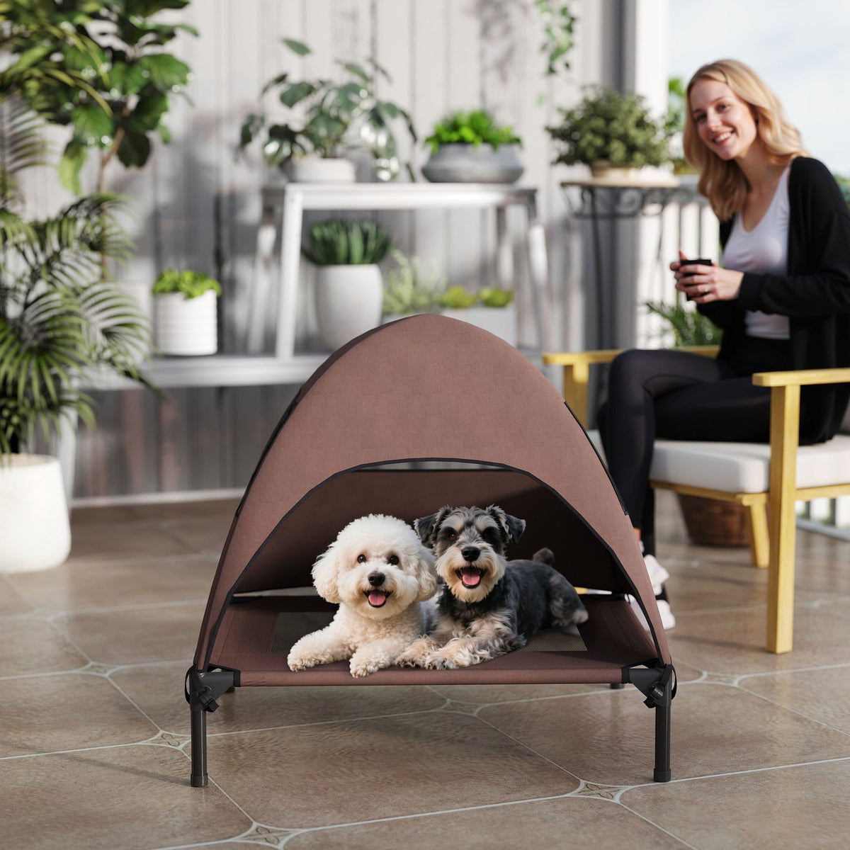 Outdoor Dog Lounger with Roof, Elevated Dog Bed for Medium Dogs, Cooling Pet Lounger with Washable Mesh Metal Frame Carrying Bag, Pet Bed for Outdoor Camping 76x61x71cm, Coffee |