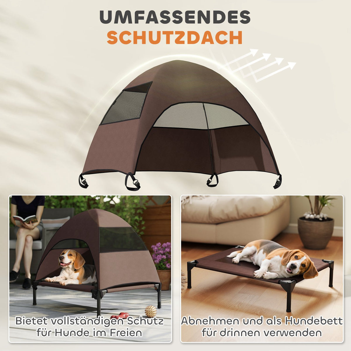 Outdoor Dog Lounger with Roof, Elevated Dog Bed for Medium Dogs, Cooling Pet Lounger with Washable Mesh Metal Frame Carrying Bag, Pet Bed for Outdoor Camping 76x61x71cm, Coffee |