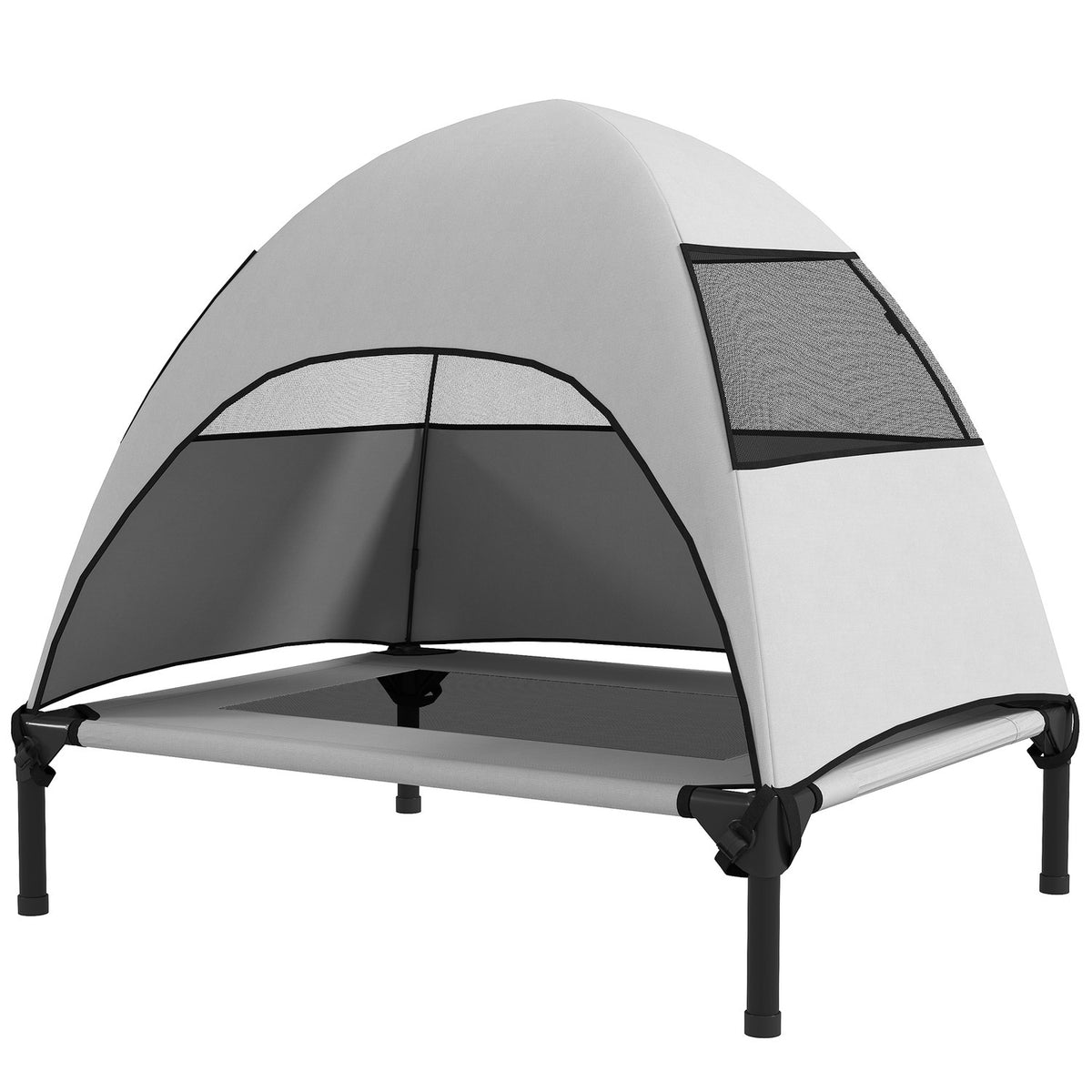 Outdoor Dog Lounger with Roof, Elevated Dog Bed for Medium Dogs, Cooling Pet Lounger with Washable Mesh Metal Frame Carrying Bag, Pet Bed for Outdoor Camping 76x61x71cm, Light Gray |