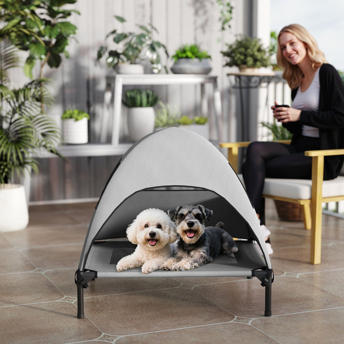 Outdoor Dog Lounger with Roof, Elevated Dog Bed for Medium Dogs, Cooling Pet Lounger with Washable Mesh Metal Frame Carrying Bag, Pet Bed for Outdoor Camping 76x61x71cm, Light Gray |