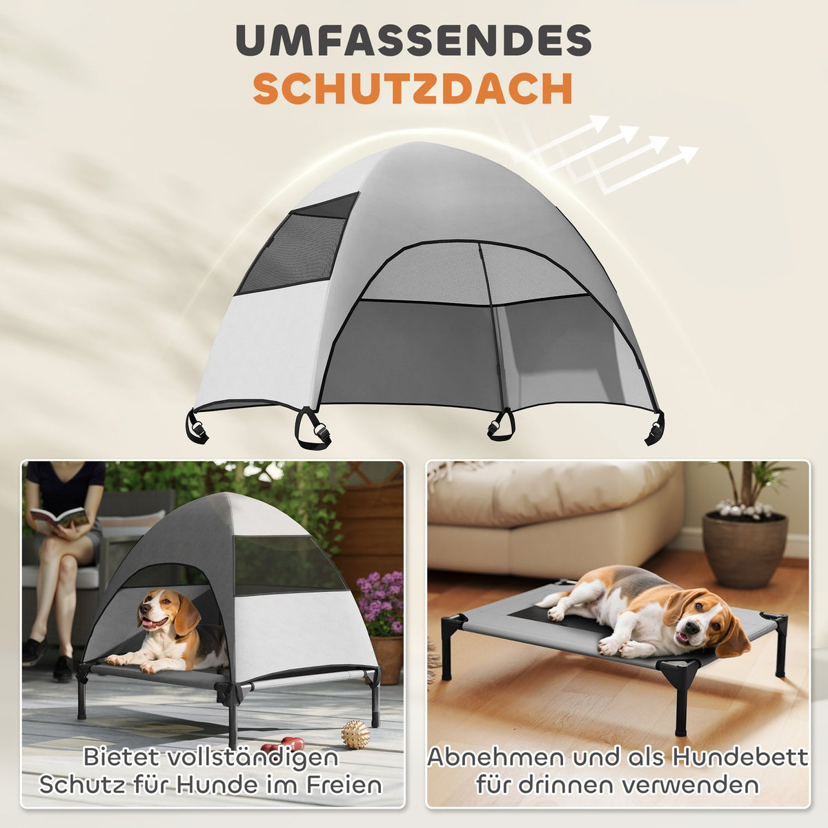 Outdoor Dog Lounger with Roof, Elevated Dog Bed for Medium Dogs, Cooling Pet Lounger with Washable Mesh Metal Frame Carrying Bag, Pet Bed for Outdoor Camping 76x61x71cm, Light Gray |