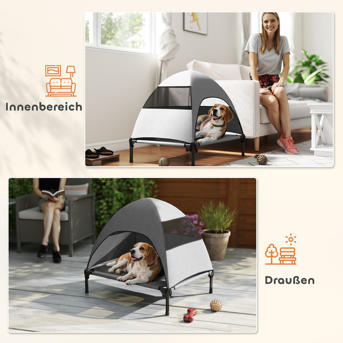 Outdoor Dog Lounger with Roof, Elevated Dog Bed for Medium Dogs, Cooling Pet Lounger with Washable Mesh Metal Frame Carrying Bag, Pet Bed for Outdoor Camping 76x61x71cm, Light Gray |