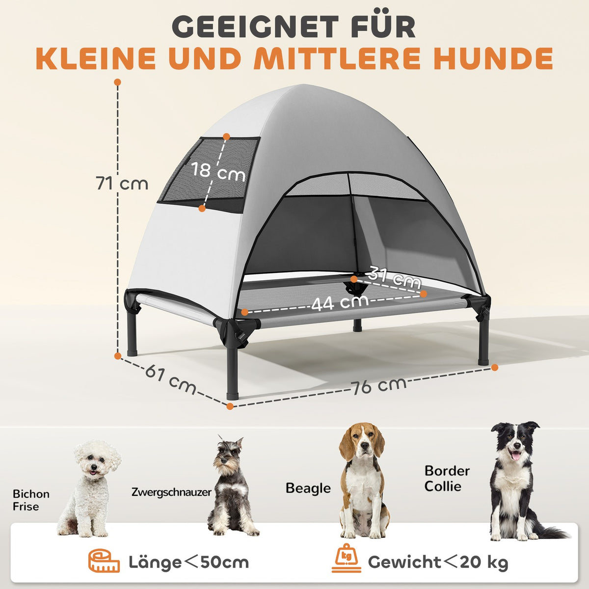 Outdoor Dog Lounger with Roof, Elevated Dog Bed for Medium Dogs, Cooling Pet Lounger with Washable Mesh Metal Frame Carrying Bag, Pet Bed for Outdoor Camping 76x61x71cm, Light Gray |