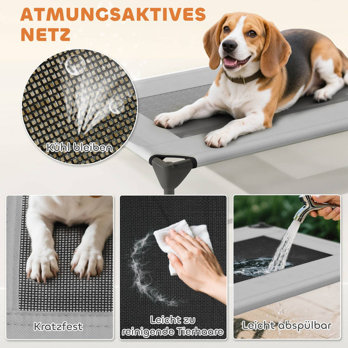Outdoor Dog Lounger with Roof, Elevated Dog Bed for Medium Dogs, Cooling Pet Lounger with Washable Mesh Metal Frame Carrying Bag, Pet Bed for Outdoor Camping 76x61x71cm, Light Gray |