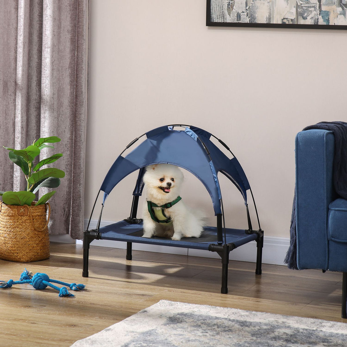 Outdoor Elevated Dog Bed With Canopy Uv Protection Pet Bed, Breathable Taffeta Fabric, Dark Blue, 61X46X62Cm