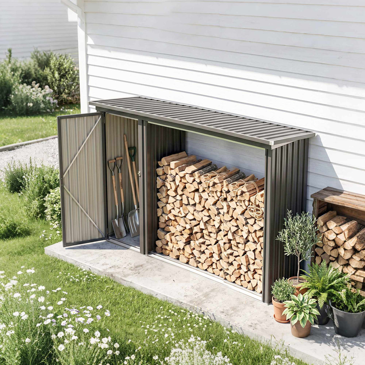 Outdoor Firewood Rack with Tool Cabinet, Galvanized Steel
