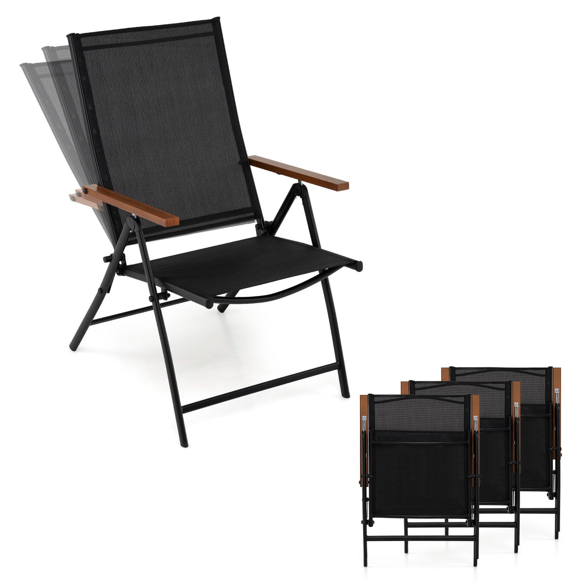Outdoor Folding Garden Chairs Set of 4, 5-Position, Black