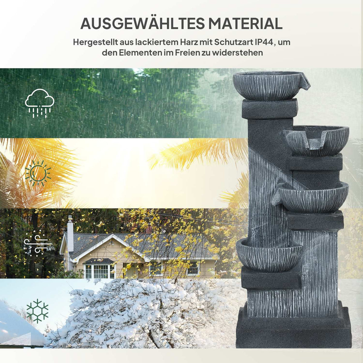 Outdoor Fountain Made of Resin Four-Tier Garden Fountain with LED Lighting Pump Stone Look Decorative Pool Indoor Fountain Water Feature for Garden Patio 38 x 36 x 85 cm Gray