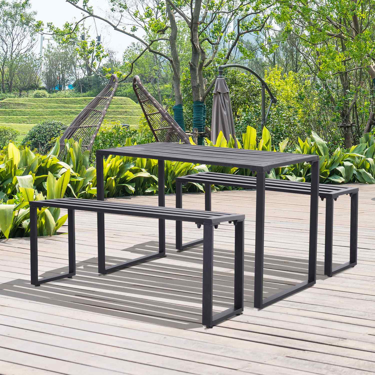 Outdoor Furniture Set Festive Set 3 Pieces Seating Group Garden Set 1 X Table 2 X Bench Metal Black 110 X 55 X 70 Cm