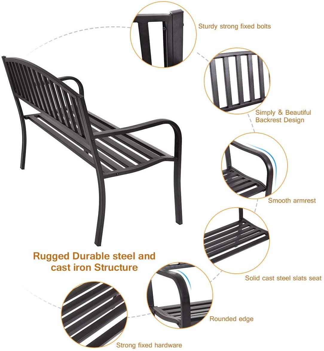 Outdoor Garden Bench, 50 Inch Steel Frame, Black
