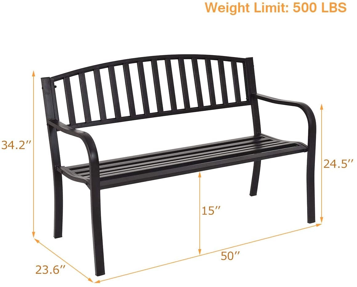 Outdoor Garden Bench, 50 Inch Steel Frame, Black
