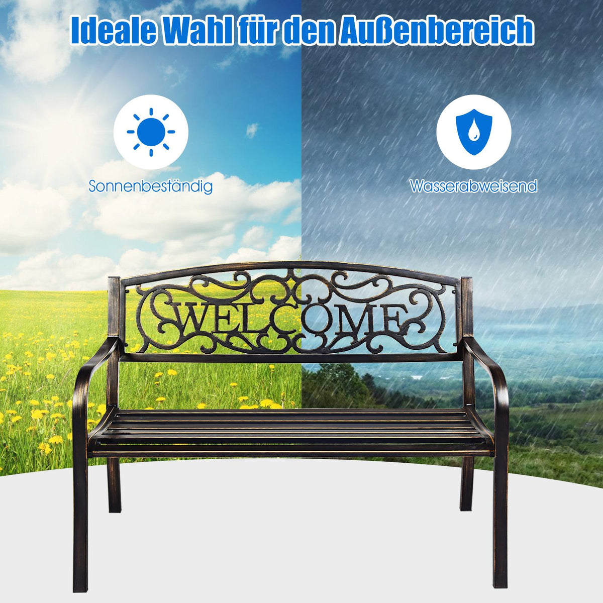 Outdoor Garden Bench, Steel Frame, Bronze, 50 Inch