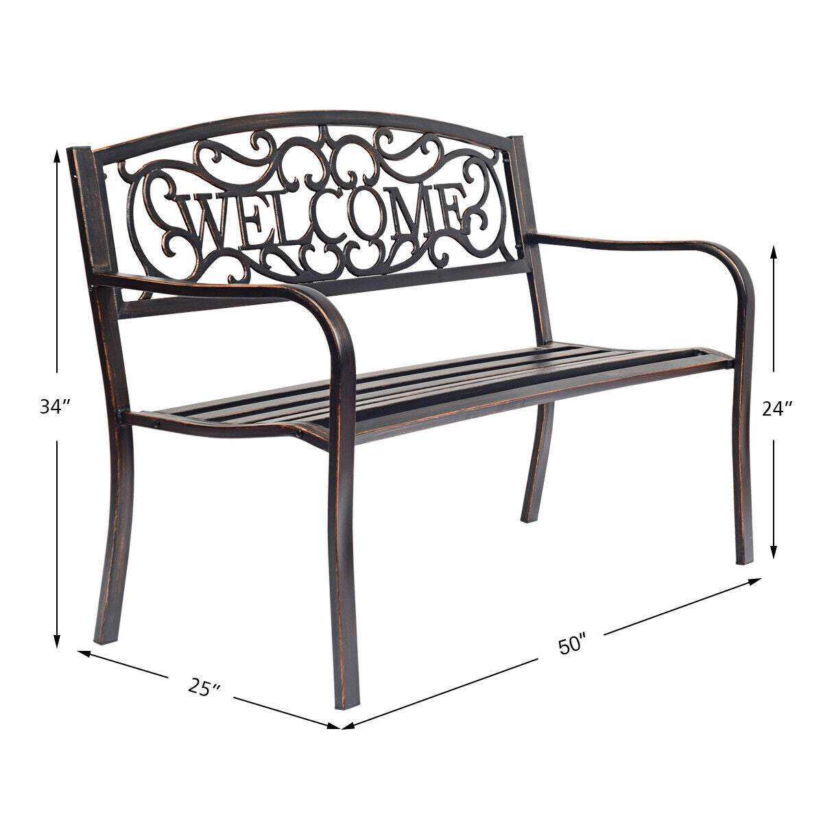 Outdoor Garden Bench, Steel Frame, Bronze, 50 Inch
