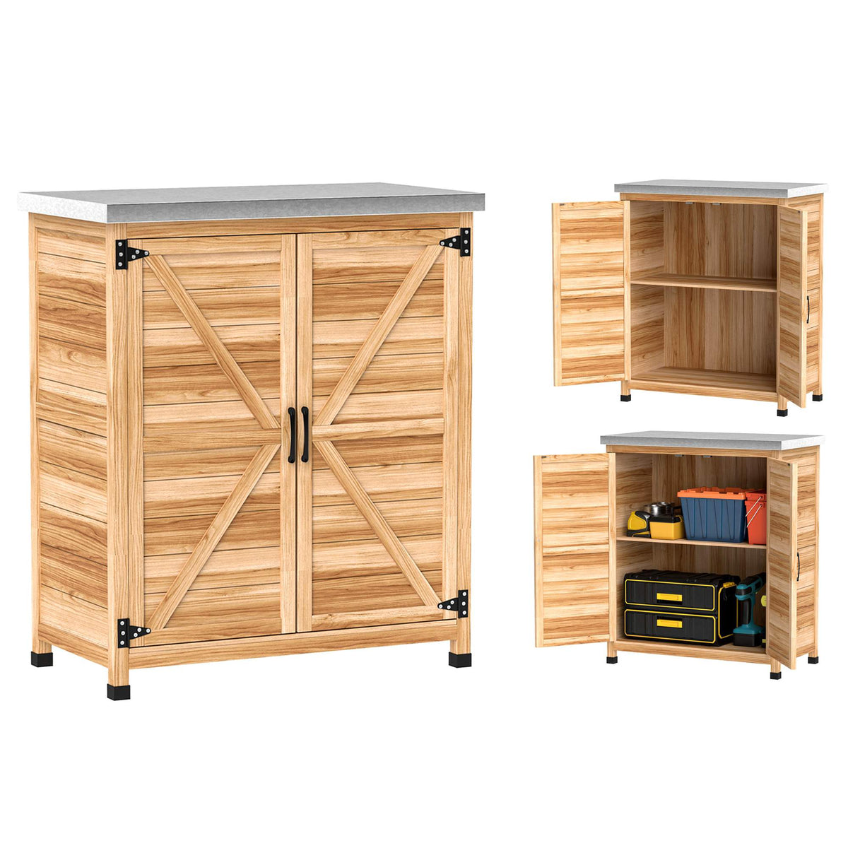Outdoor Garden Cabinet with Shelf & Workbench, Wood & Steel