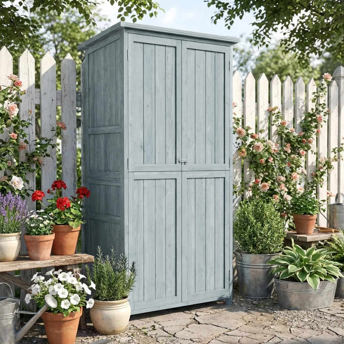 Outdoor Garden Cabinet with Shelves and Hooks, Grey Wood