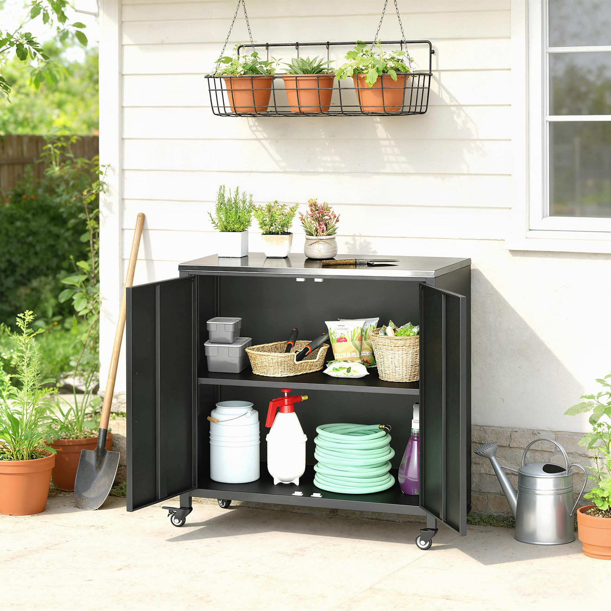 Outdoor Garden Cabinet with Stainless Steel Top, Mobile