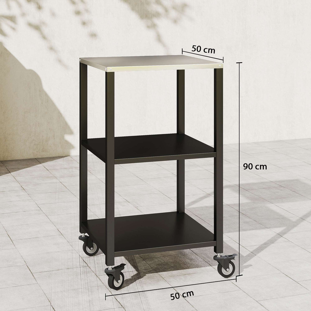 Outdoor Grill Cart, 3-Tier Stainless Steel, Mobile 50x50x90 cm