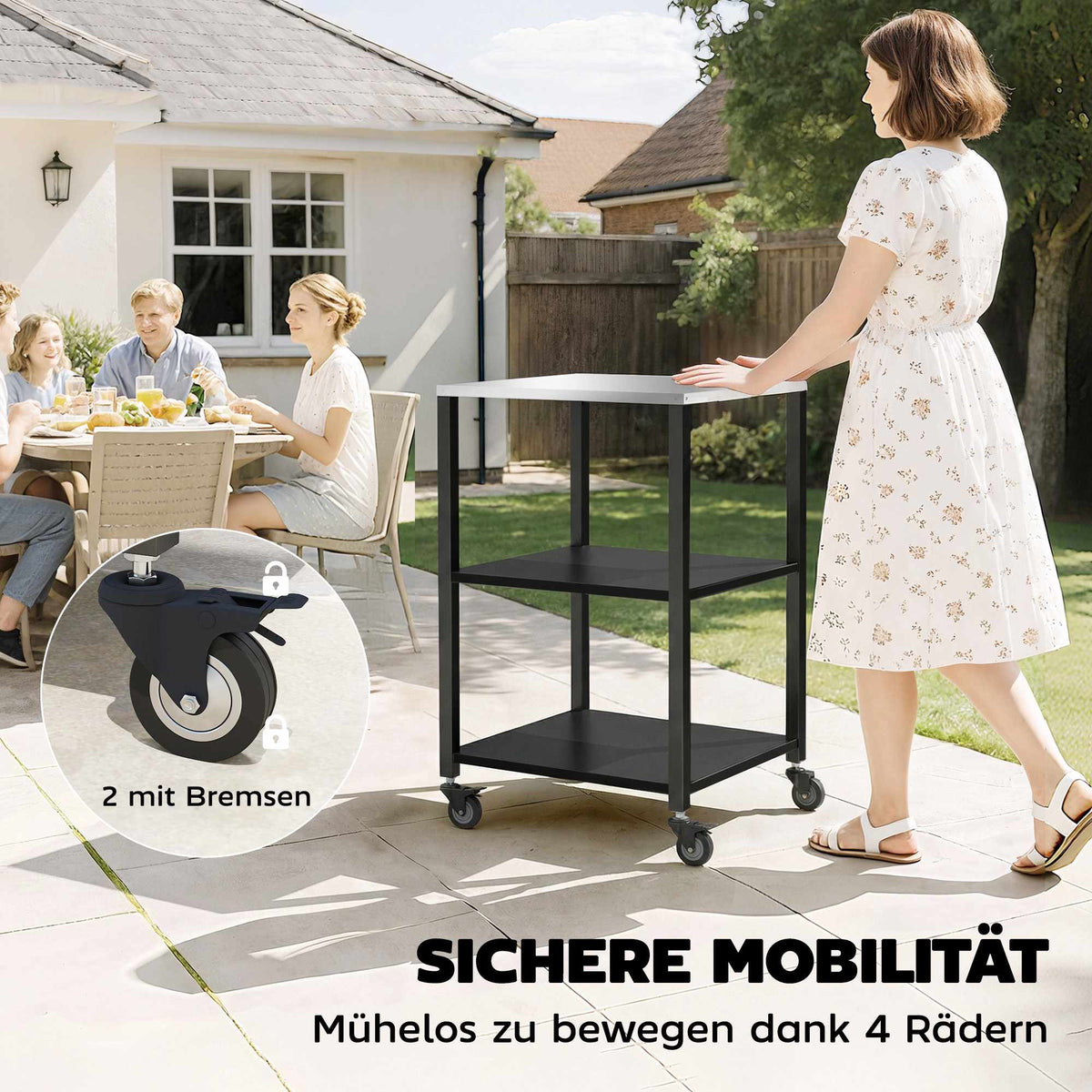Outdoor Grill Cart, 3-Tier Stainless Steel, Mobile 50x50x90 cm