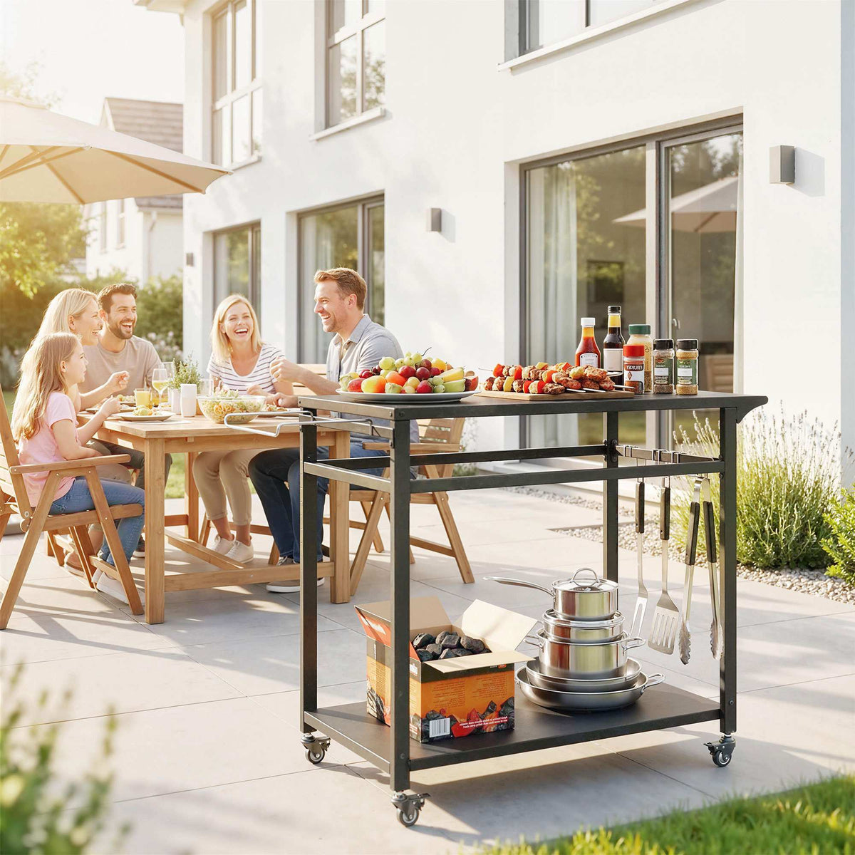 Outdoor Grill Cart with Wheels, 2-Tier, Black, 113x50.5x88 cm