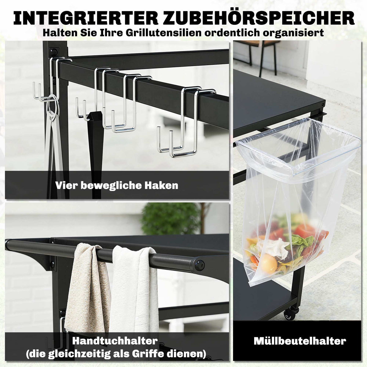 Outdoor Grill Cart with Wheels, 2-Tier, Black, 113x50.5x88 cm