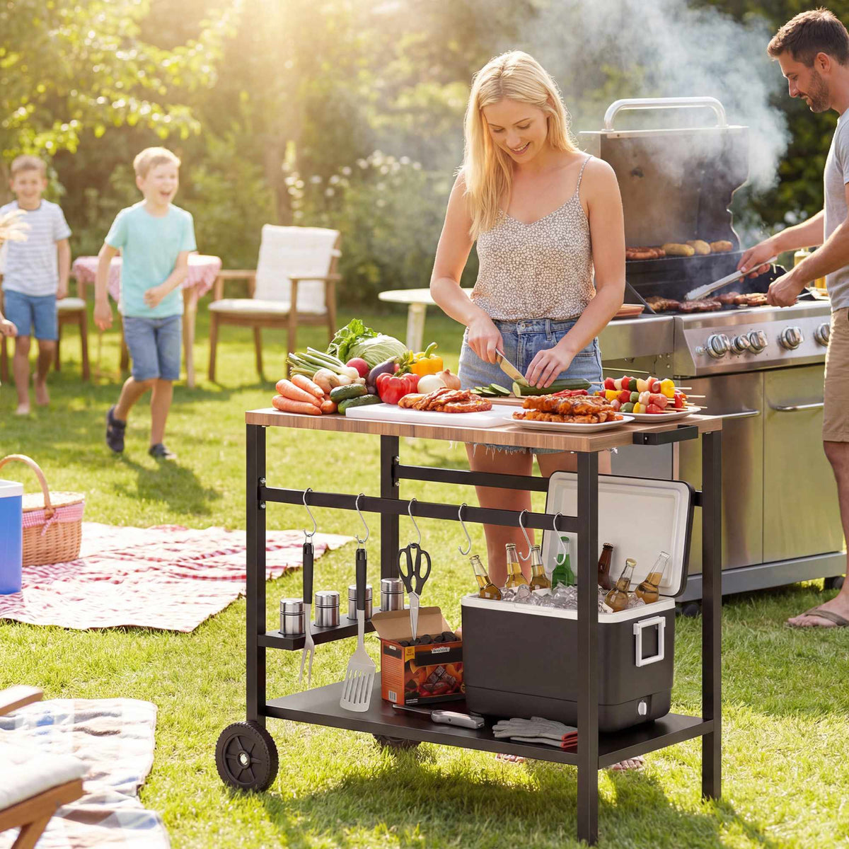 Outdoor Grill Cart with Wheels, Metal, 97x51x83 cm, Black/Brown