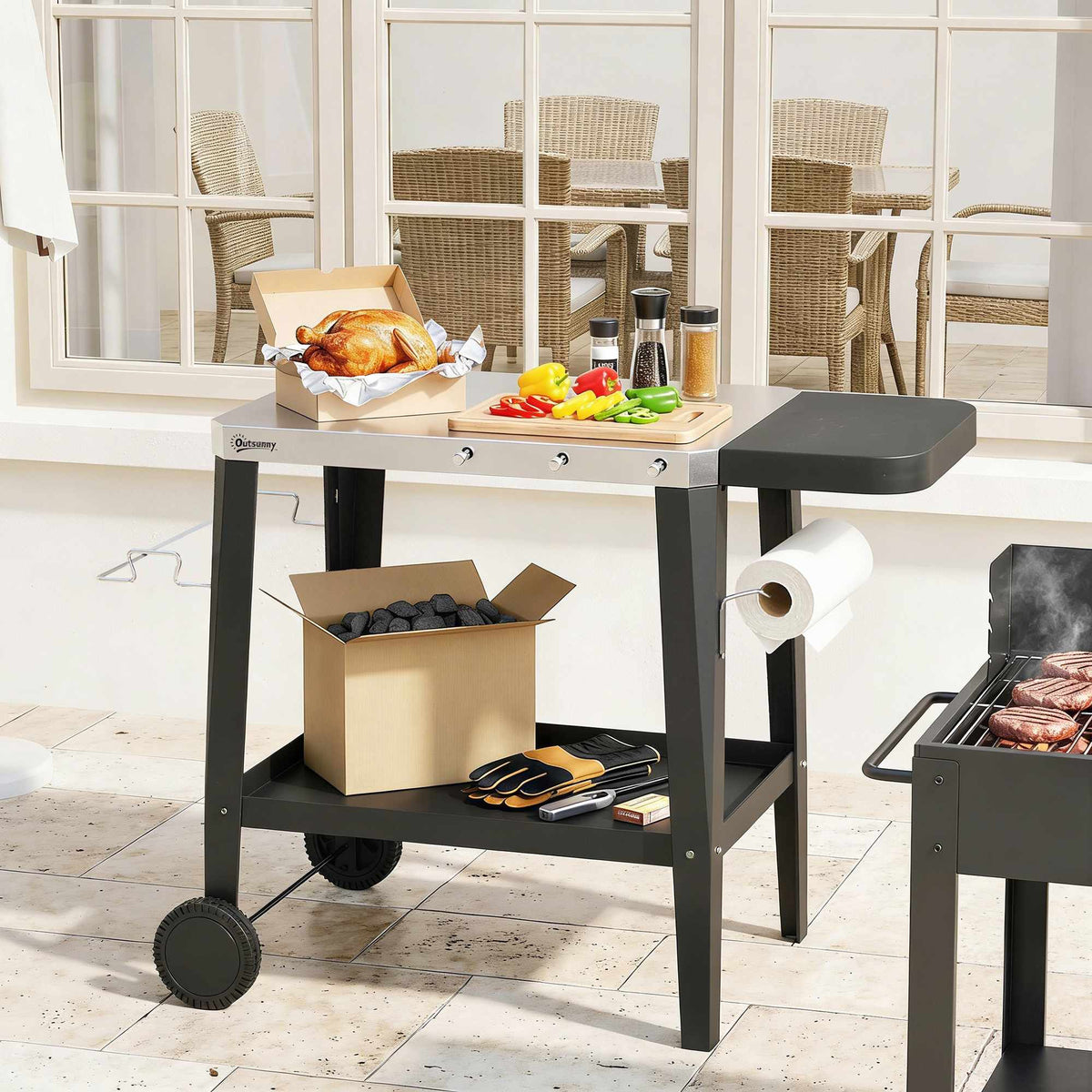 Outdoor Grill Cart with Wheels, Stainless Steel, Black, 115x67.5x80.5 cm