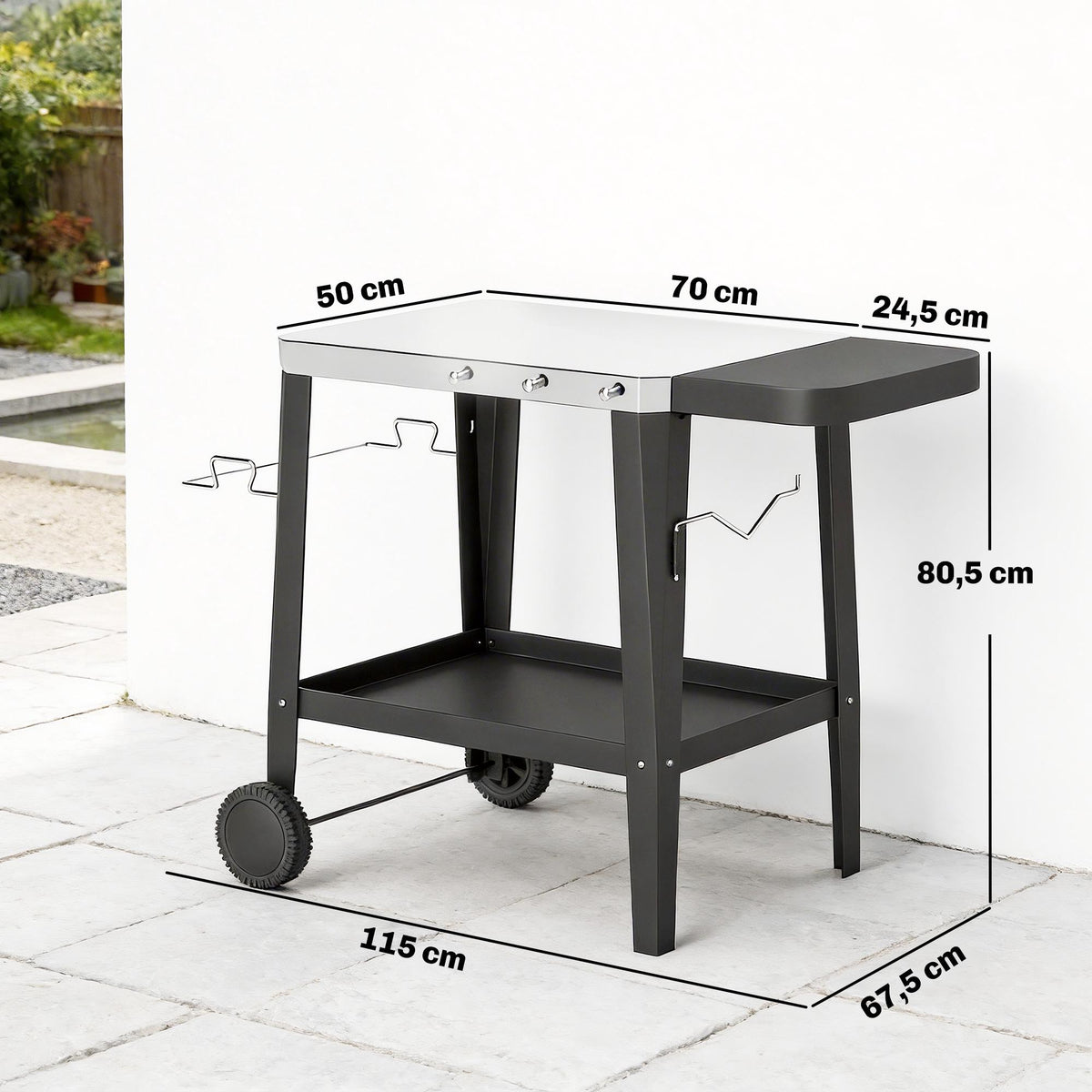Outdoor Grill Cart with Wheels, Stainless Steel, Black, 115x67.5x80.5 cm