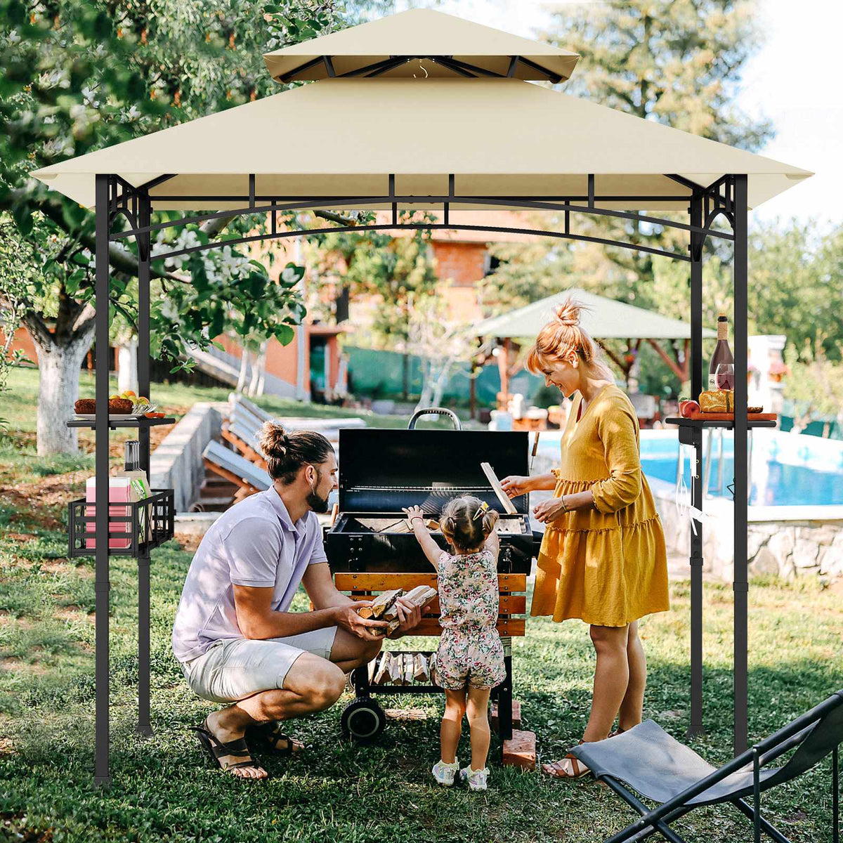 Outdoor Grill Gazebo 8x5 Ft, Double-Tier, Shelves, Hooks