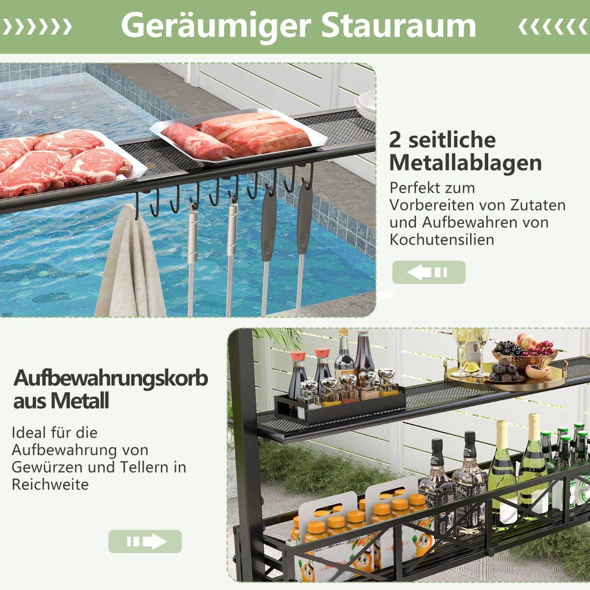 Outdoor Grill Gazebo with Double Roof & Side Shelves
