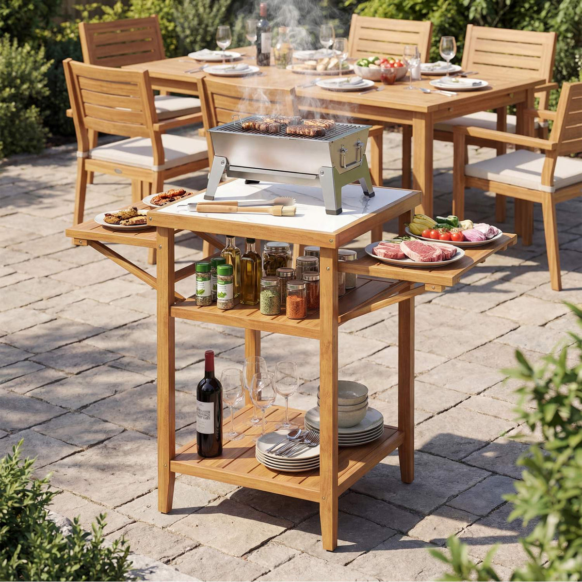 Outdoor Grill Table, Acacia Wood, Faux Marble Top, Drop-Leaf Sides